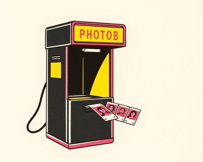 Risograph illustration of a tiny photobooth with photo strips